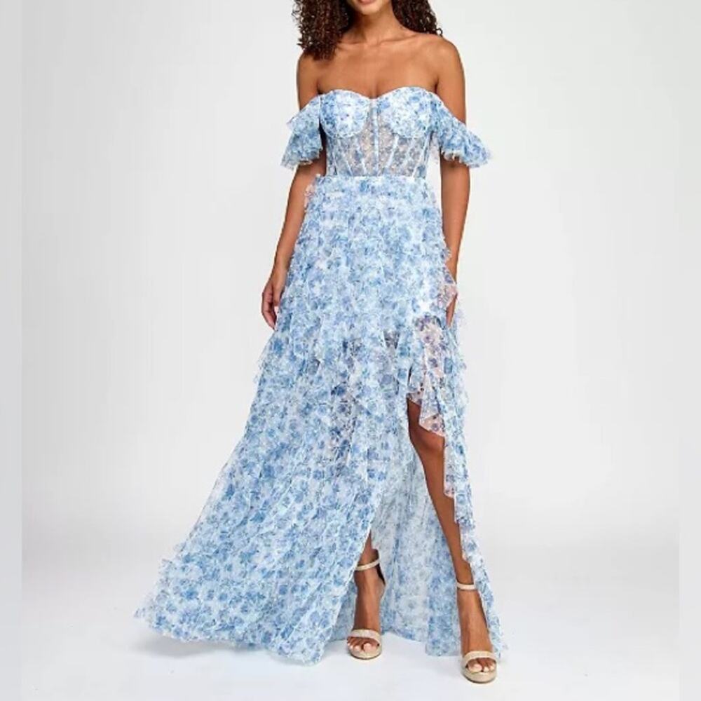 City Studios Juniors' Ruffled Off-The-Shoulder Corset Gown White/Navy Sz 13/14 - Picture 2 of 11
